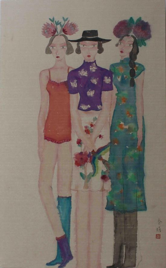 秦秀娟作品-女孩系列之一 纸本水墨 47x76cm 2015