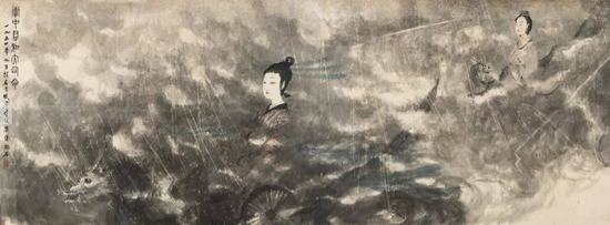 傅抱石《云中君和大司命》，1954 年作

　　镜心设色纸本，114×315 cm

　　题识：云中君和大司命。一九五四年九月据屈原今译试写，傅抱石。