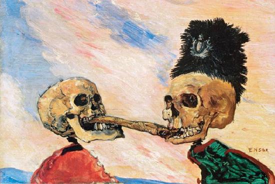 恩索尔《Skeletons Fighting Over a Pickled Herring》1891年