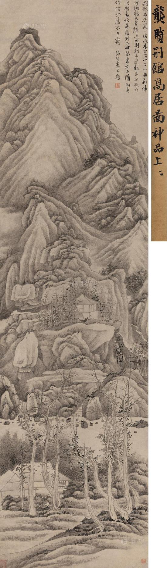 龚贤 别馆高居图 立轴 水墨纸本，212.5×55.5cm
