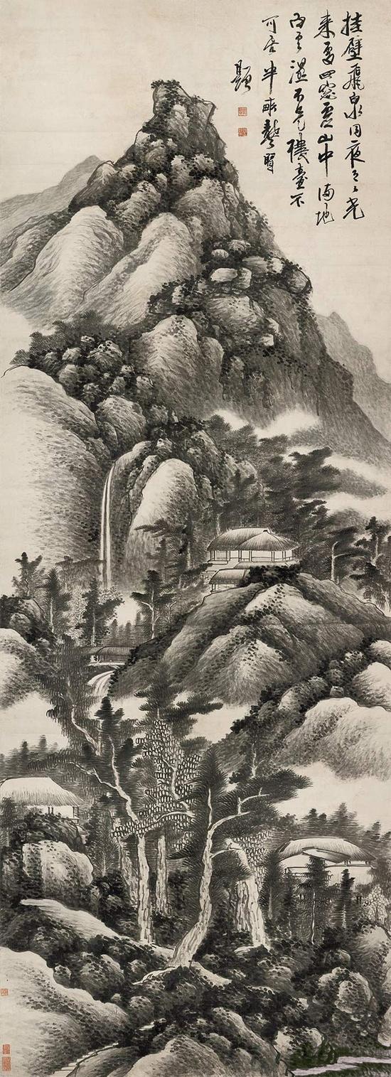 龚贤 挂壁飞泉图 纸本水墨，273×99cm 现藏于天津博物馆