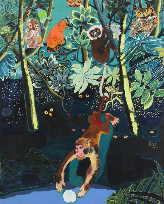 卢梭的花园—猴子捞月 木板油画、油画棒 150x120cm 2016
