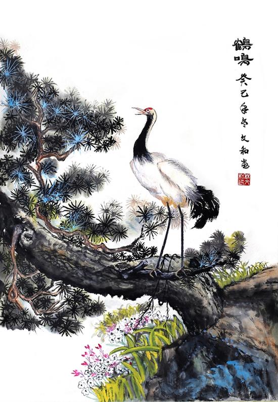 林文和 鹤鸣 90×46cm 纸本彩墨 2013年