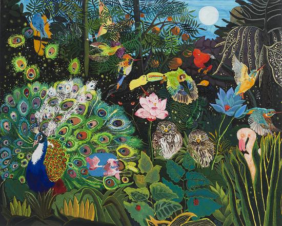 卢梭的花园—百鸟之王 布面油画、油画棒 160x200cm 2016