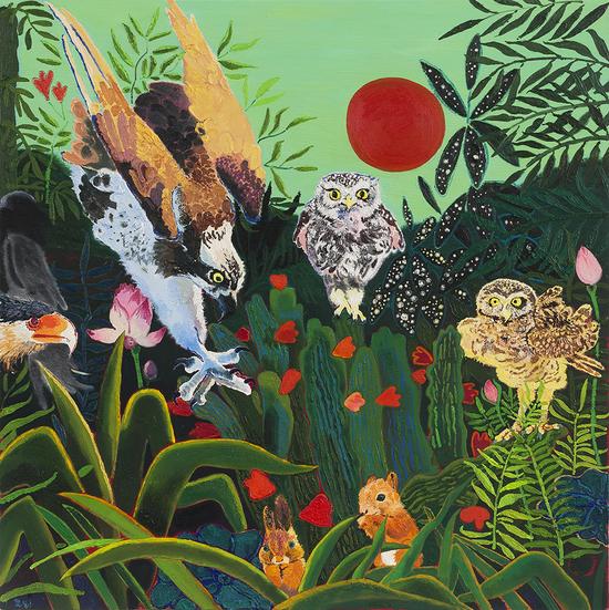 卢梭的花园—红日 木板油画、油画棒 100x100cm 2016