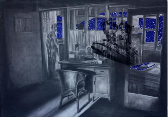 罗蔷 《小飞船》 铅笔 彩笔 绢 74.5X52cm 2014年副本