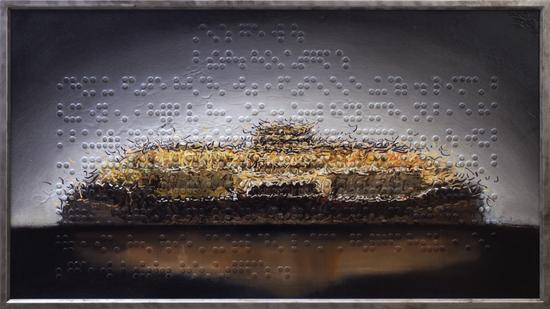 盲文系列-这个世界唯有悲痛货真价实 68x120cm 木板油画&综合材料 2015