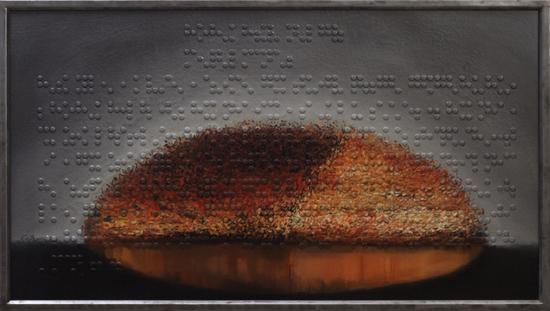 盲文系列-或许黑暗能够磨成面粉 68x120cm 木板油画&综合材料 2015