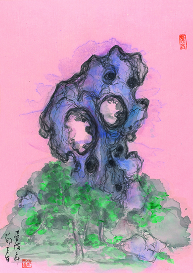 粉云埋石 水墨设色于19世纪彩笺 37.5X26.5cm