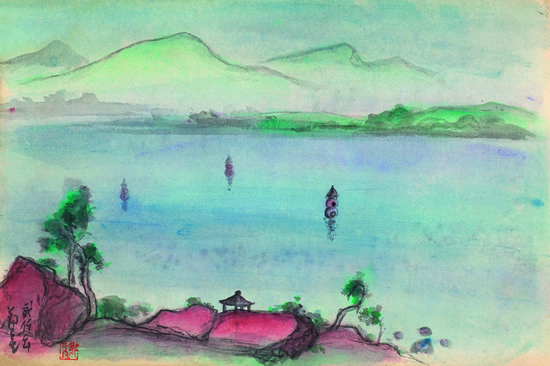 三潭映月 2000 纸本水墨设色 24x36.5cm