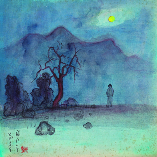 林疏人静月明时 2000年，纸本彩墨，30x30cm