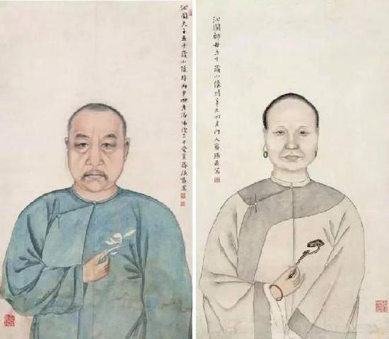 齐白石为恩师胡沁园夫妇画像
《沁园夫子五十岁小像》 1896年作
《沁园师母五十岁小像》 水墨设色纸本 1901年