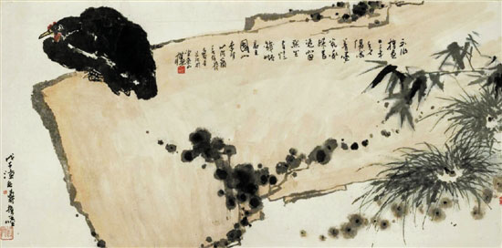 潘天寿 《磐石墨鸡图 》指墨 68×136.5cm 1948年