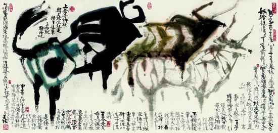 、《岩画》,纸质,水墨设色,260x140cm,2015年