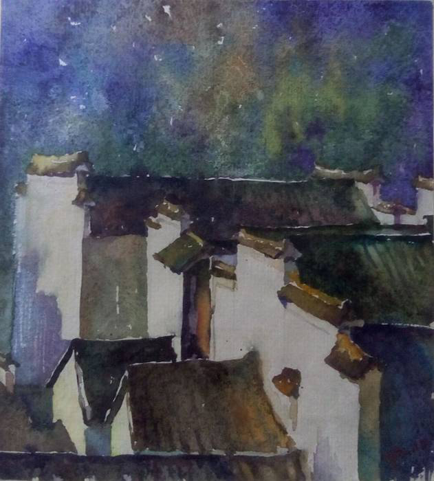 郝建斌，晨曦中的徽州，纸本水彩， 24.5x25.5cm