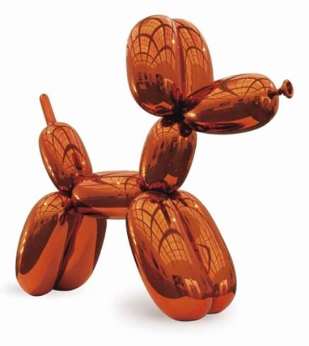 　　杰夫·昆斯（Jeff Koons），气球狗(橙色) (Balloon Dog（Organe）)， 1994-2000， 镜面抛光不锈钢和透明色料涂层，纽约佳士得售出。