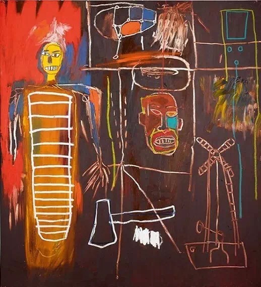 ▲ 美国艺术家让 – 米歇尔·巴斯奎特（Jean-Michel Basquiat）的代表作涂鸦画《空气力量》（Air Power）是这次拍卖会将要拍卖的重要作品之一。鲍伊在1999年《现代画家》中谈及巴斯奎特时说：“我感觉到他的画笔或蜡笔触碰画布的瞬间。他的创作 意念不断升华，带来切身的感受，在10年、甚至15年一直激发想像，如像最初在画布倾注创作的一刻，仍然历久弥新”，图片来源：苏富比拍卖行