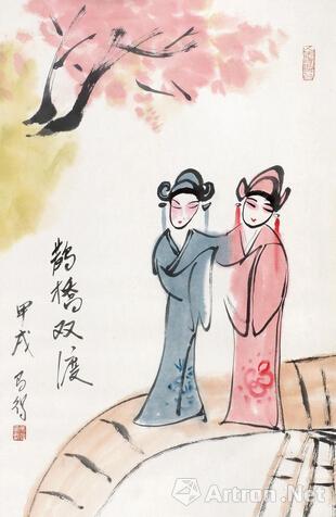 高马得《鹊桥双渡》 镜框设色纸本69×45cm