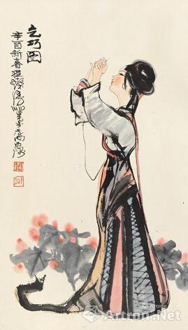 程十发《乞巧图》 立轴设色纸本82×46cm