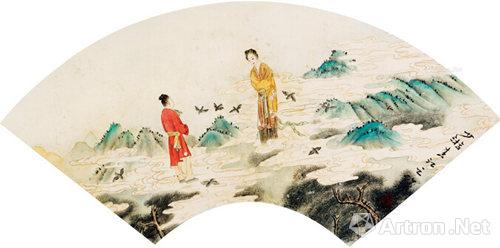 鲍少游《鹊桥相遇》 扇面设色纸本19×47cm