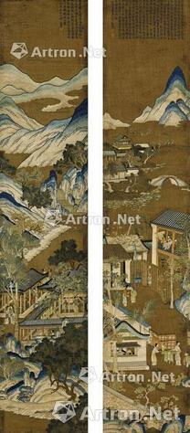 清乾隆刺绣七夕晒衣图挂幅一对50.8×248cm