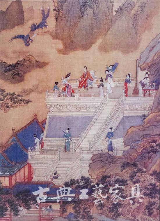 　　图9 原图注为：谢时臣（1488~1547年）《杜甫诗意图》，设色绢本，长22.2厘米，宽18.5厘米。译者更正为：明 仇英《人物故事图册》之《吹箫引凤图》，绢本设色，长41.4厘米，宽33