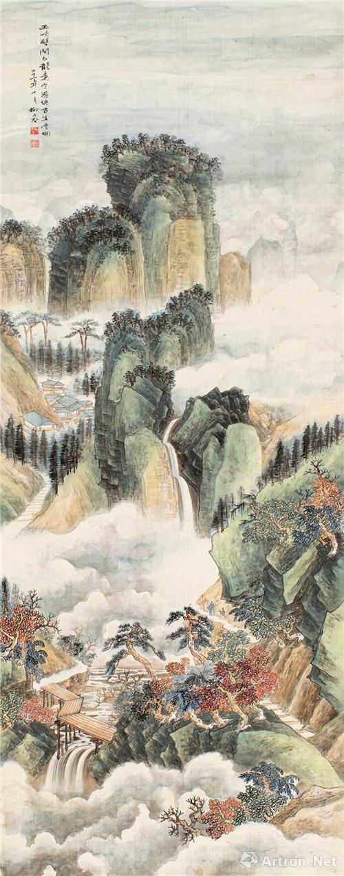 　　附图8、柳子谷1933年作《 千岩松云》 立轴 设色绢本 （2014年上海工美47.1万元成交，估价5—8万元）
