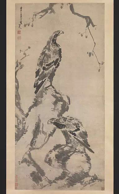 ▲ 朱耷《二鹰图轴》，纸本水墨，1702年，现存于大都会艺术博物馆，图片来源：The Metropolitan Museum of Arts