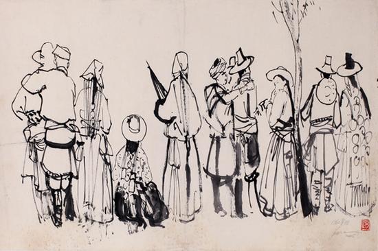 图1，《海东花儿会》，35cm×70cm， 纸本水墨，1962年