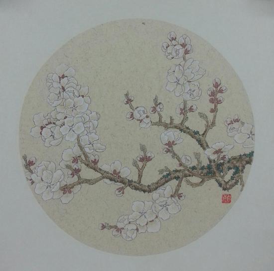 李自良，《杏花初绽满庭春》， 纸本设色，  34x34cm ，2015