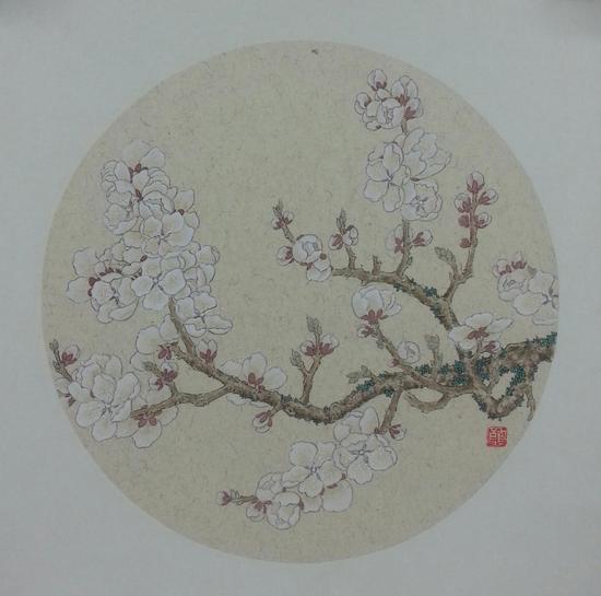李自良，《杏花初绽满庭春》， 纸本设色， 34x34cm ，2015