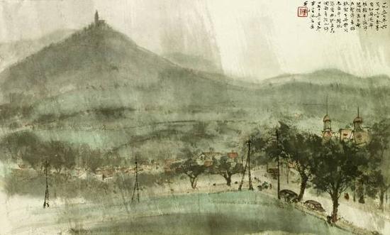 傅抱石  返布拉格途中雨景 镜框 设色纸本 27.5×47cm（约1.2平尺）