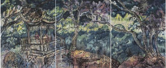 李华相《爱痕湖》150x360cm 布面丙烯 2014-5