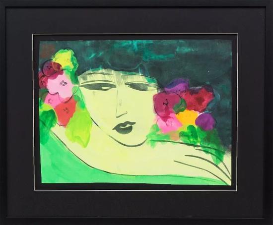 《戴花美人》（Lady with flowers）｜纸本彩墨｜32.1x42.4cm（画面）｜51.2x61.5cm（画框）｜钤印：采花大盗｜丁雄泉