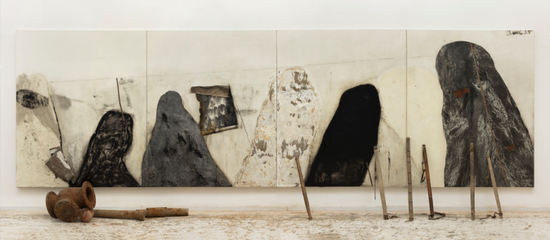 《剩水图-1》,2015 布面综合材料、现成品及多媒体装置 253x852cm