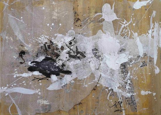 花鸟-2_Flowers and birds no.2_100x70cm_纸上综合材料_Mixed media on paper_2015