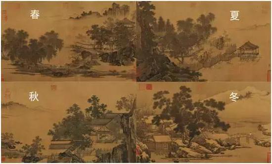 刘松年 《四景山水图》卷，南宋绢本设色，各段纵41.3、横67.9厘米故宫博物院藏
