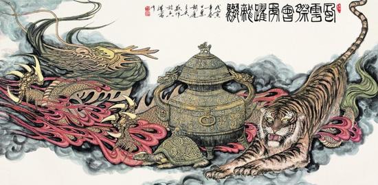 吴欢作《风云际会》，设色纸本，1998 年，120cm×240cm