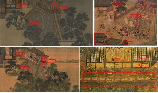 图四：左上、左下北宋张择端《清》图局部，右上、右下明代仇英《清》图局部