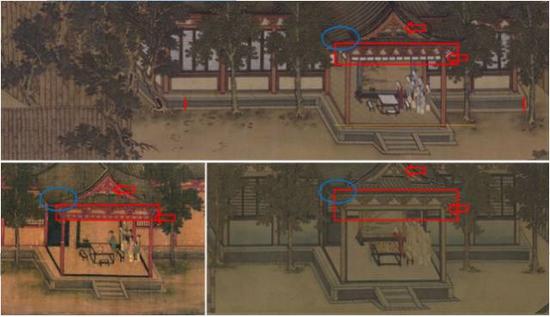 图五：上仇英《中兴瑞应图》、左下拍卖公司宋人《中兴瑞应图》、右下天津博物馆宋人《中兴瑞应图》