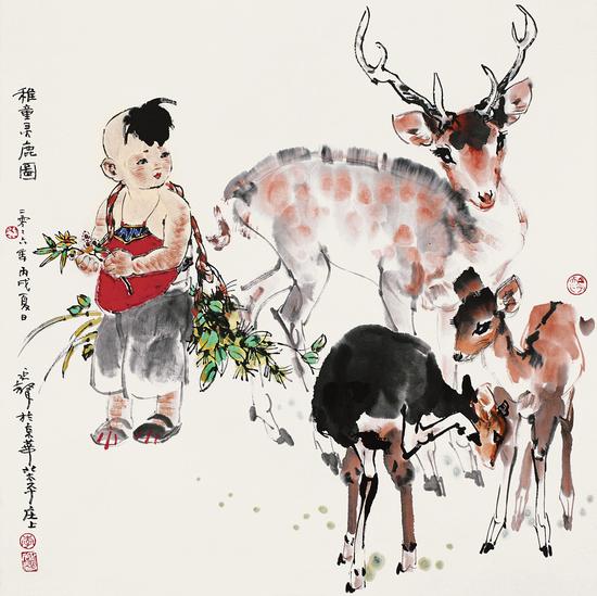 《稚童灵鹿图》 68cmx68cm 2006