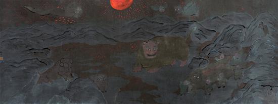 廖明明《山海经》纸本水墨设色， 70×180cm，2015年