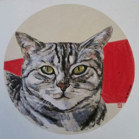 《宠物猫》窦红  国画作品    直径33cm