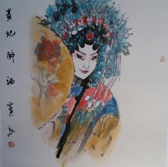 《贵妃醉酒》窦红 国画作品  68x68 cm