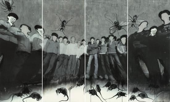 张正民《围·观之一》综合纸本水墨；96cm×230cm×4；2013