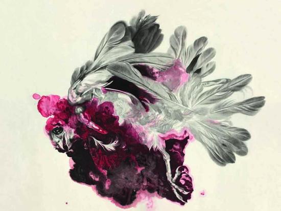 伊瑞JIRI STRAKA 《被碾压的麻雀》宣纸水墨;360×280cm;2011