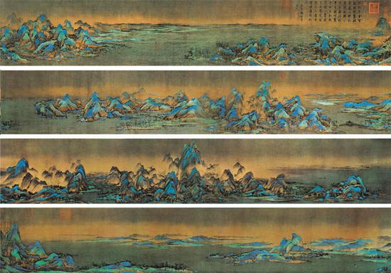 王希孟《千里江山图》,绢本青绿设色,纵51.5厘米、横1191.5厘米,北京故宫博物院藏
