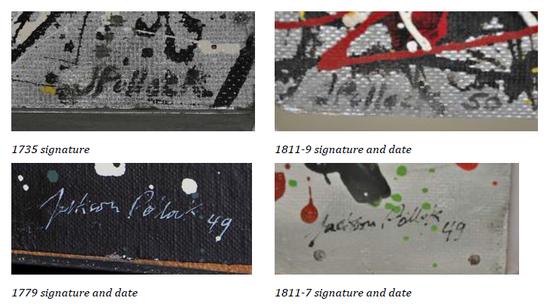 詹姆斯·马丁的专业报告显示，诺德勒画廊的四辅油画上的签名是模仿杰克逊·波洛克的。上面的两个签名很类似。右下的签名显示，事先曾经有锋利的工具在画布上留下签名，而左下的签名也很类似，并且存在在拼写错误。图片：Courtesy of James Martin。