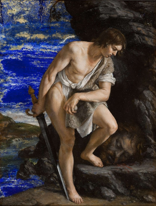 奥拉其奥·真蒂莱斯基（Orazio Gentileschi），《大卫在戈利亚斯的头颅边冥想》（David Contemplating the Head of Goliath）。图片：Courtesy of the Weiss Gallery.