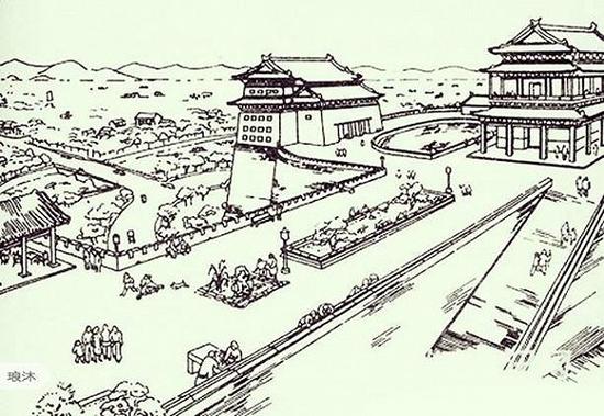 1951年初，在北京城建会议上，梁思成提供的“城墙公园”方案草图